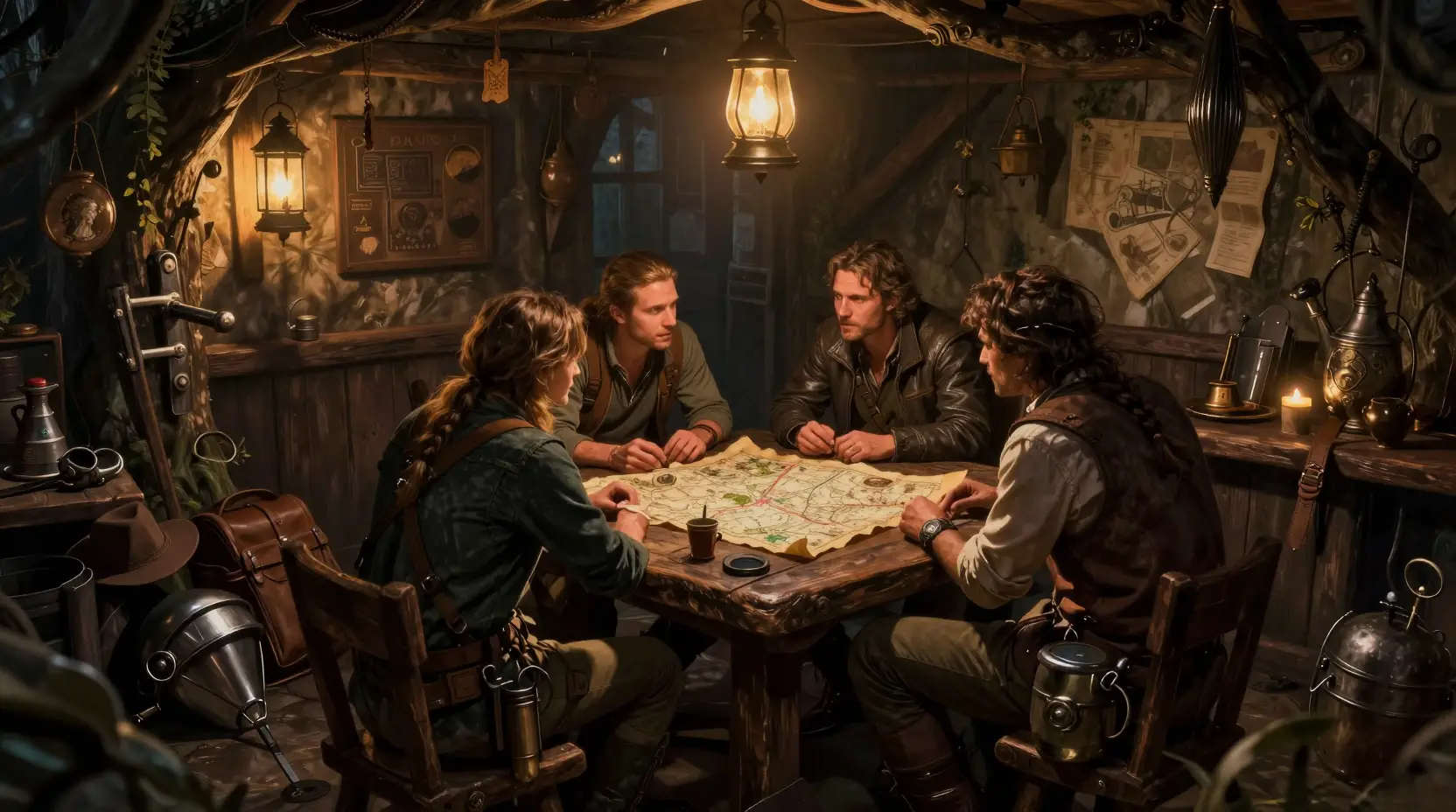 Des aventuriers se rassemblent dans le coin sombre d’une taverne