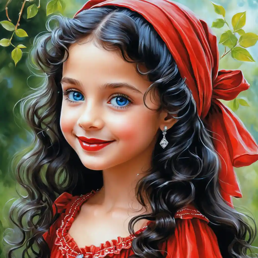 Smiling girl with long curly hair in red glitter dress