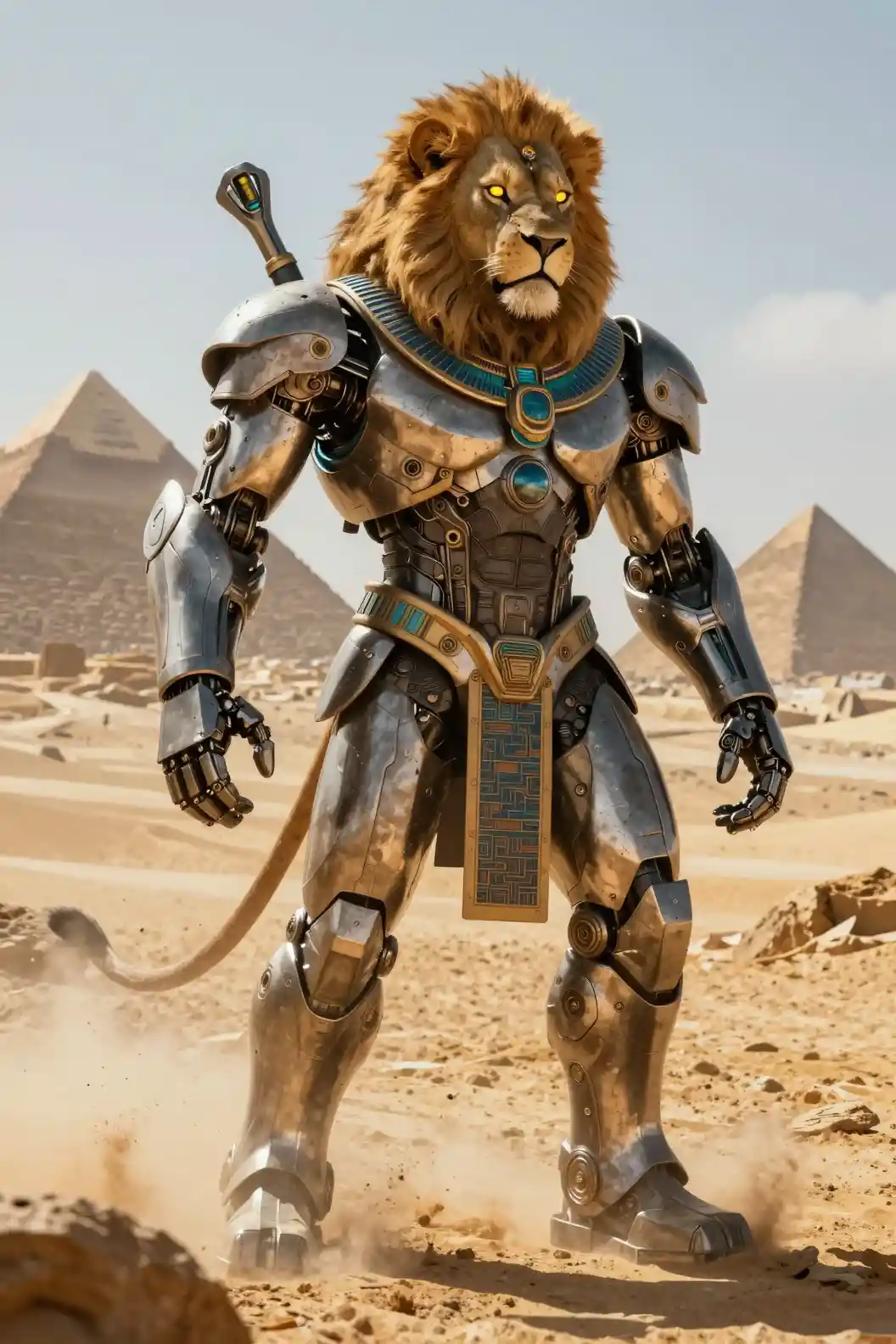 Futuristic Robot Lion Warrior In Egyptian Desert Landscape