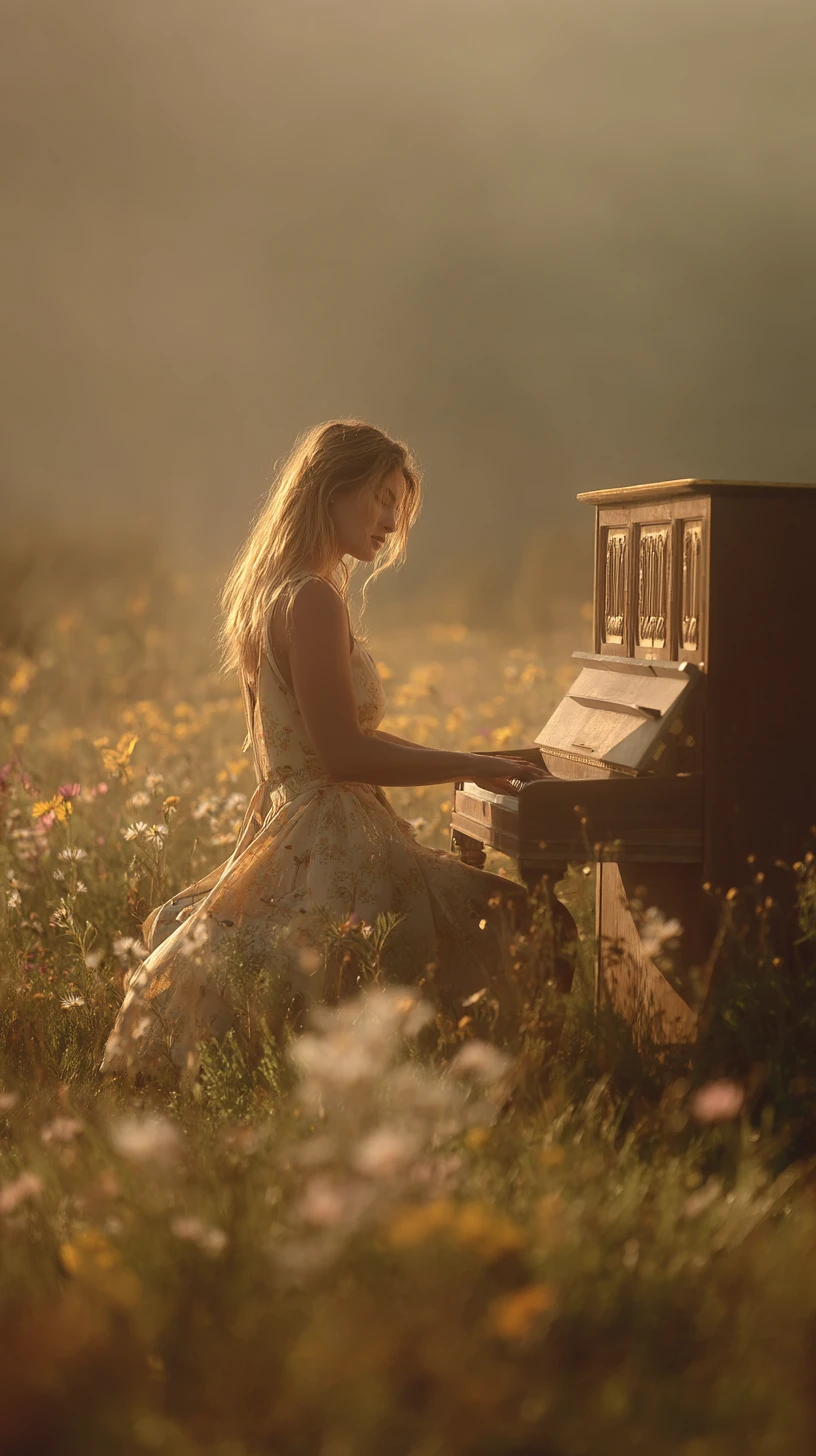 Woman playing piano in a wildflower field at sunrise