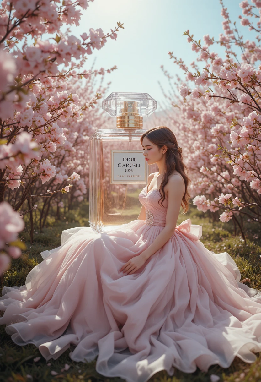 Woman in pink tulle gown with perfume bottle in garden