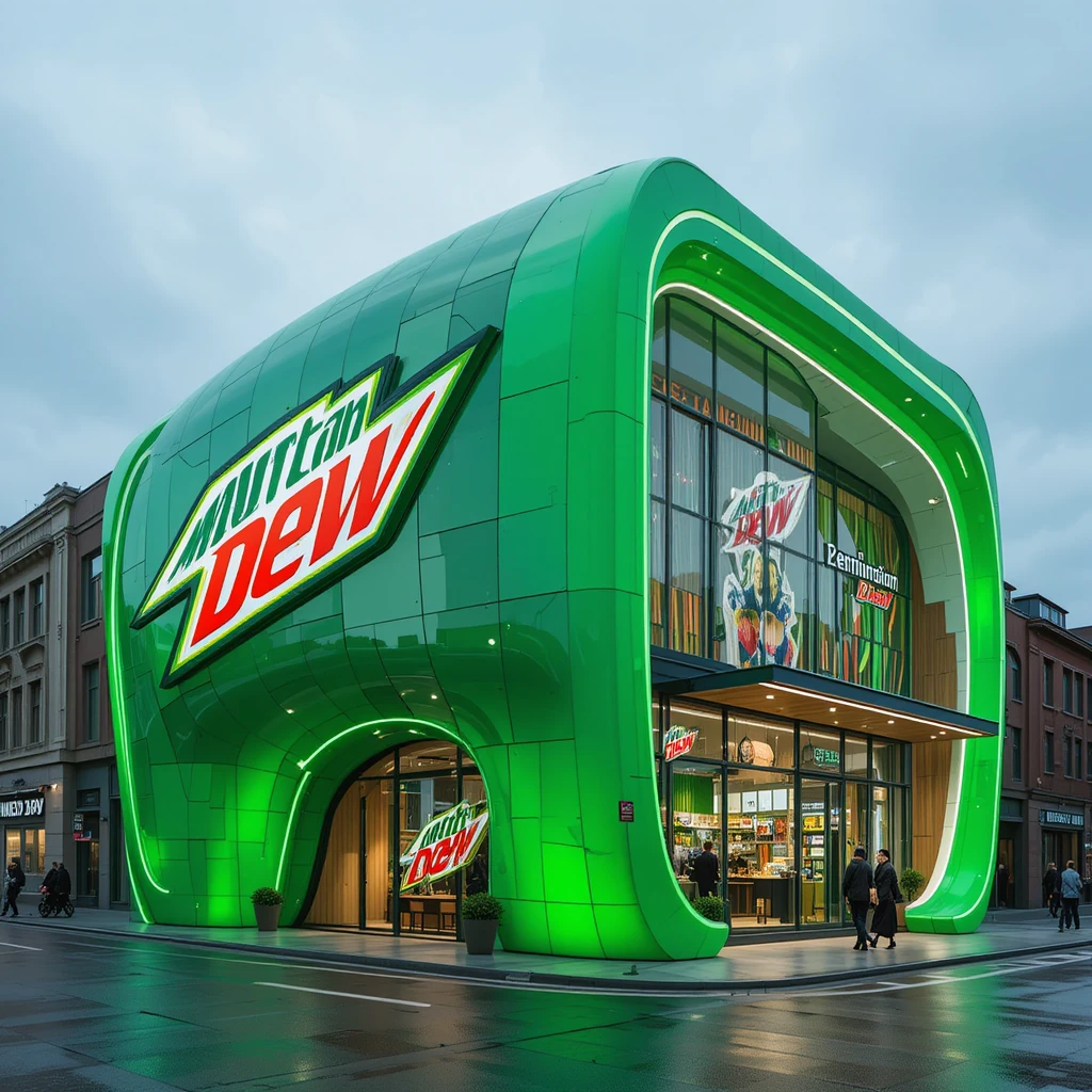 Futuristic green flagship store glowing with modern architecture