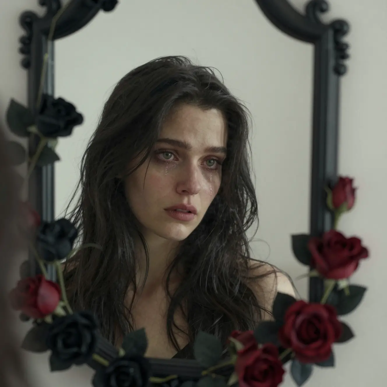 Sad woman reflected in a vine wrapped black mirror