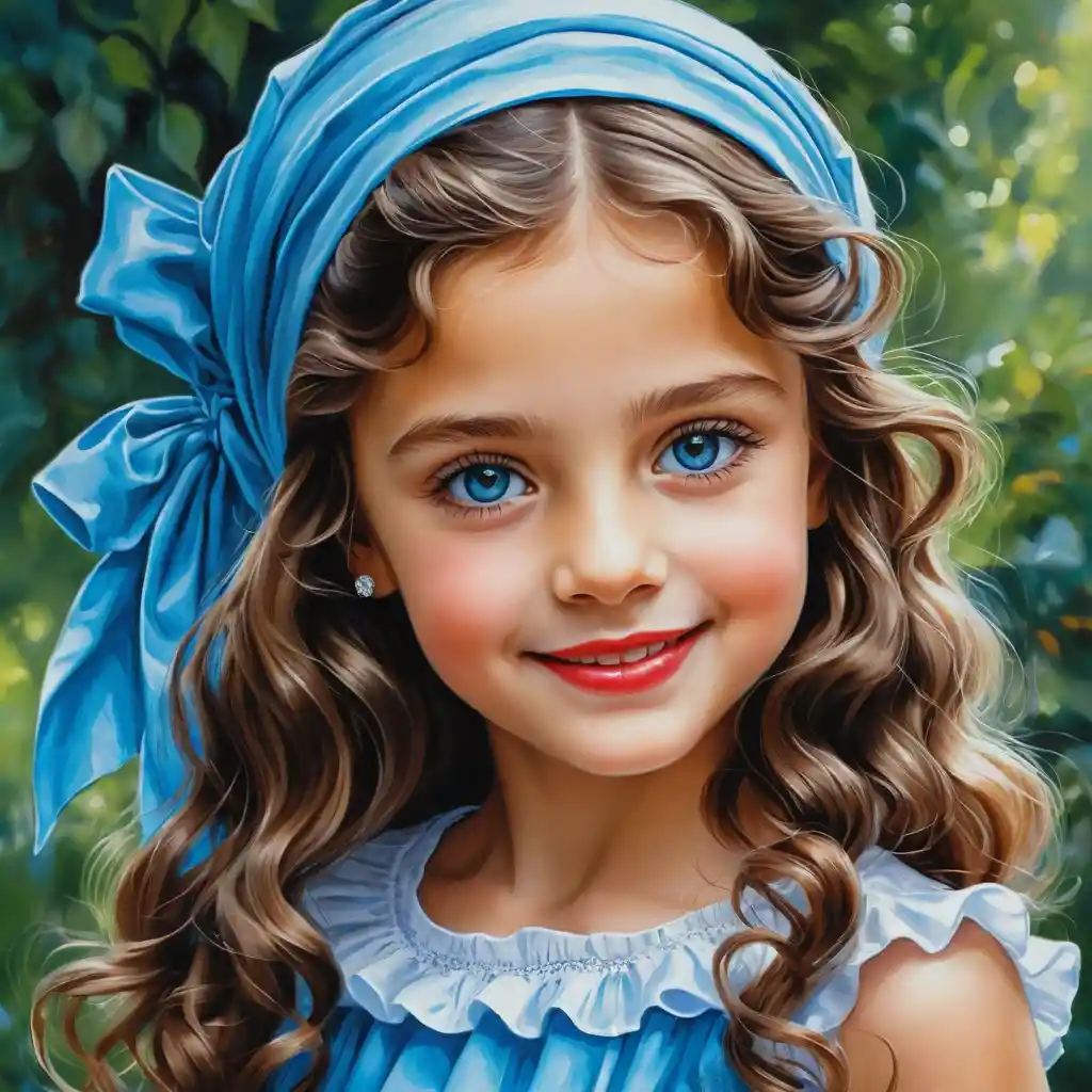 Smiling girl in blue ruffled dress with flowing curly hair