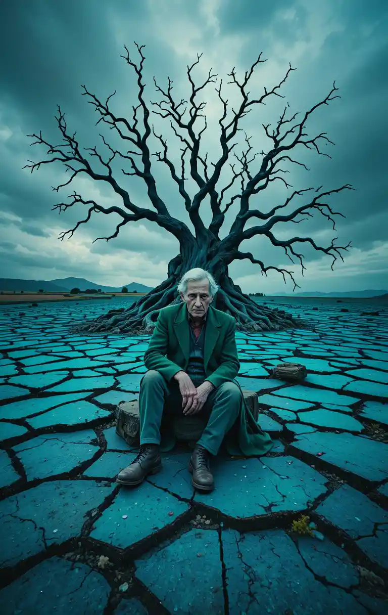 Old man in green on cracked blue and green ground