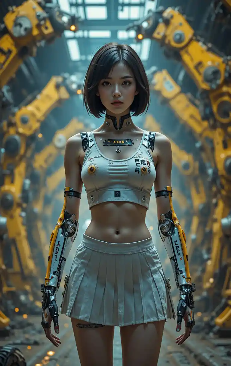 Cyborg woman in torn crop top inside dark industrial factory