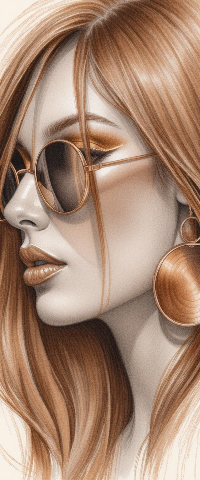 Elegante illustrazione di moda di una donna di profilo con occhiali da sole dorati