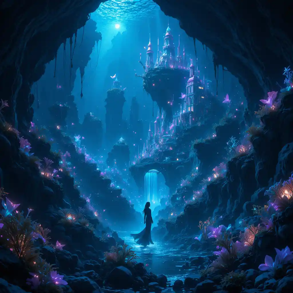 Phosphorescent mermaid above a glowing underwater city