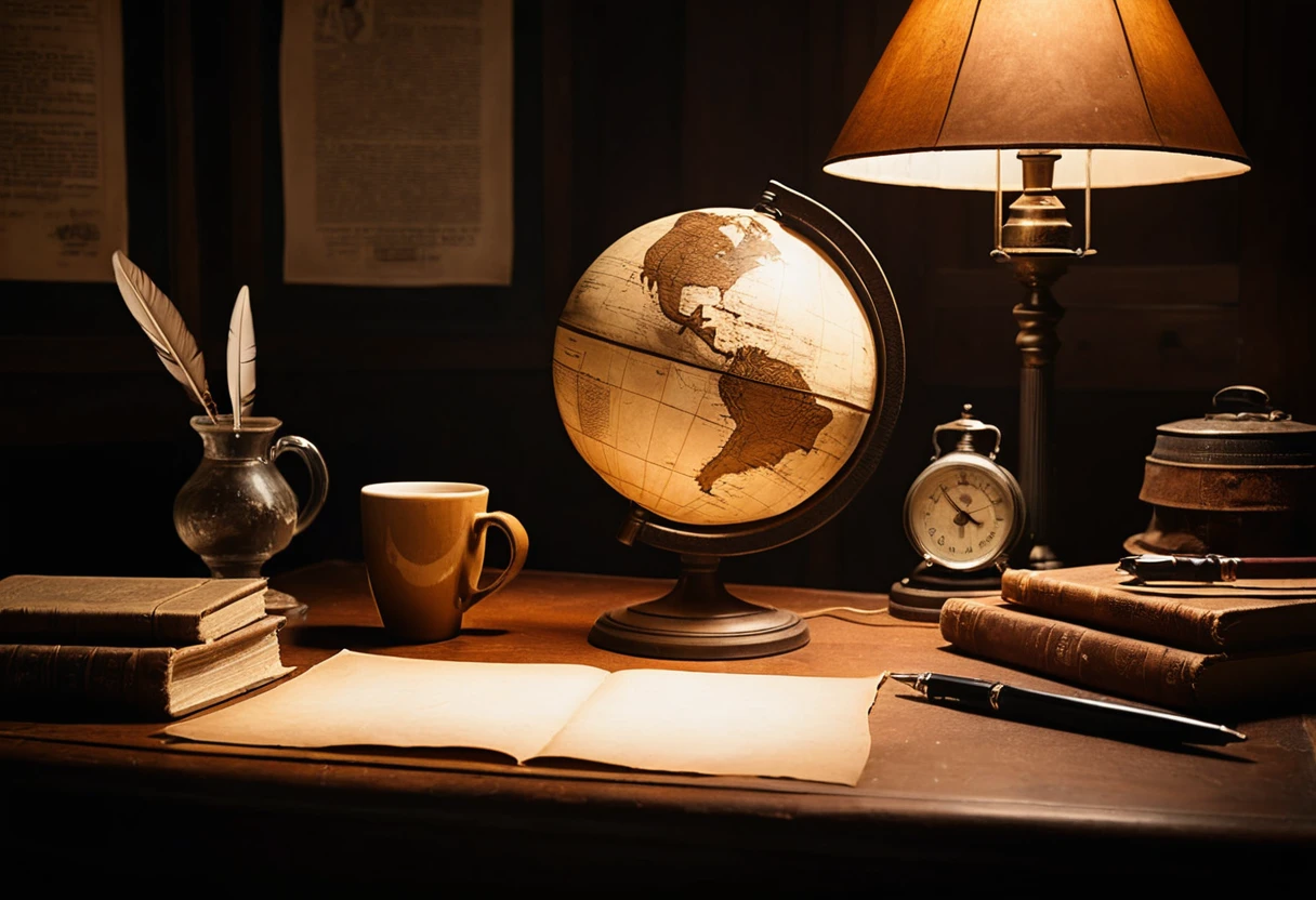 Cozy vintage office with man at lamplit desk