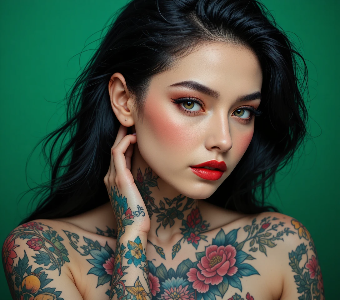 Tattooed woman portrait with long dark hair and soft light