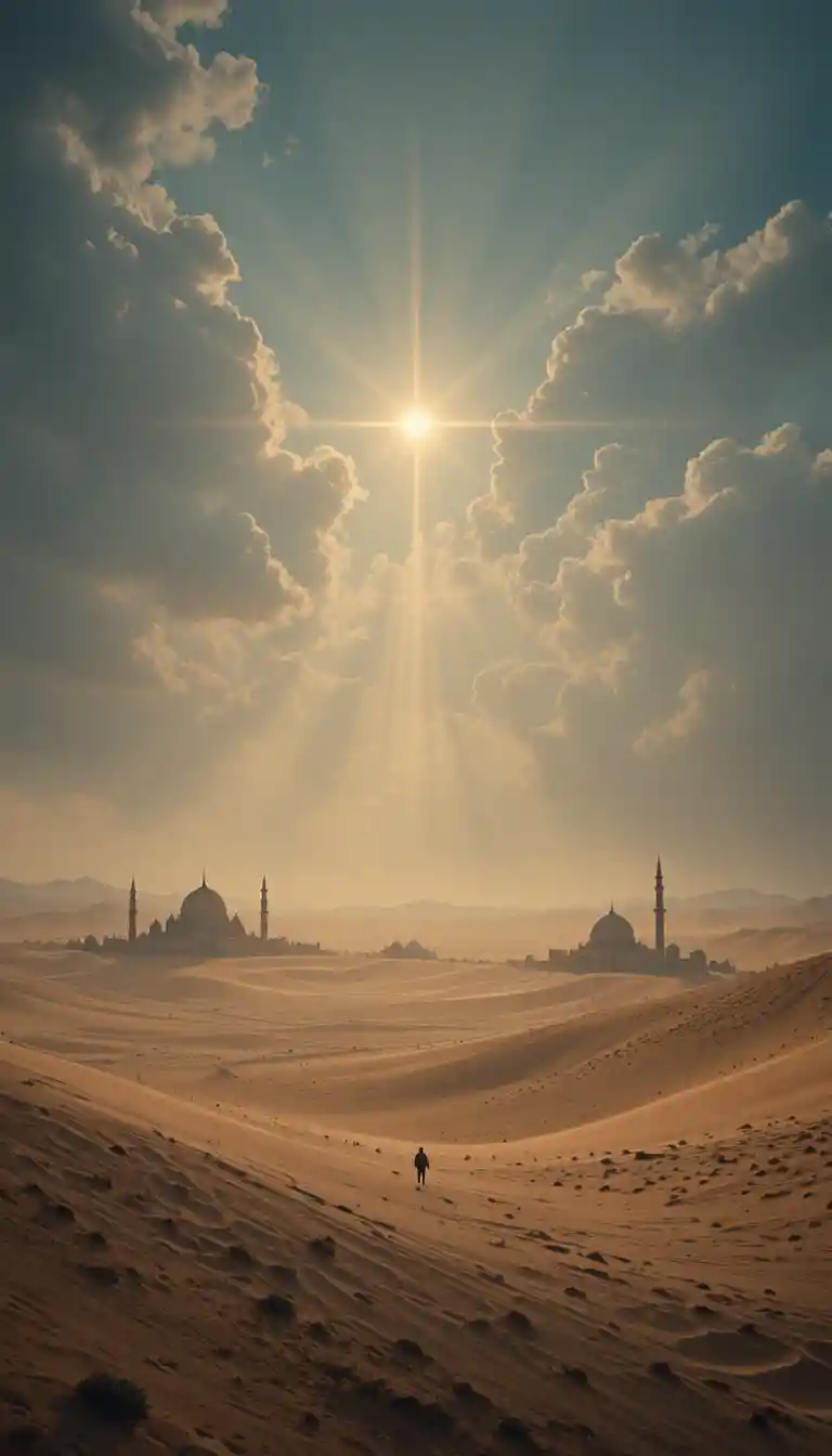 Ancient desert under soft celestial light and calm atmosphere