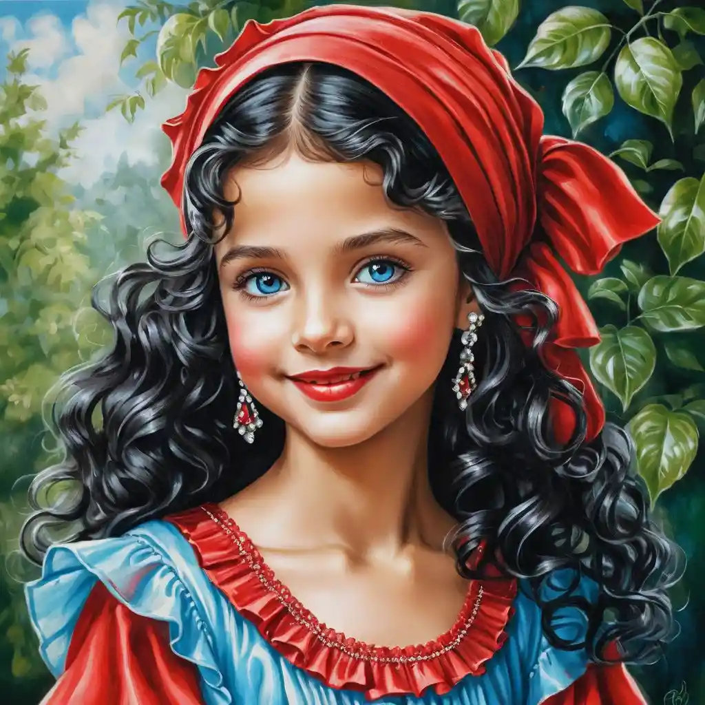Smiling girl with long curly hair in red glitter dress