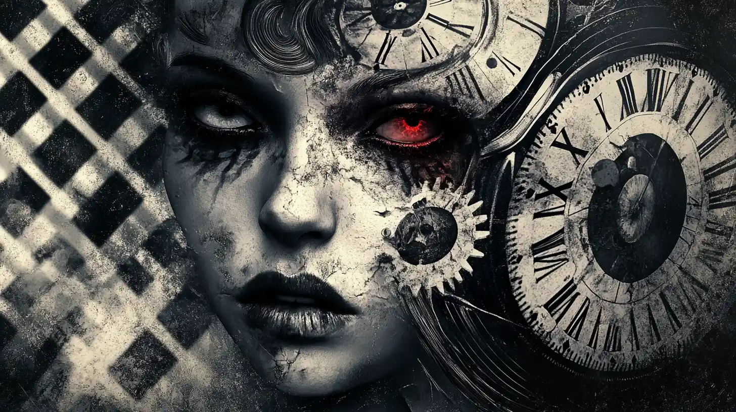 Surreal woman dissolving into dust and mechanical clockwork
