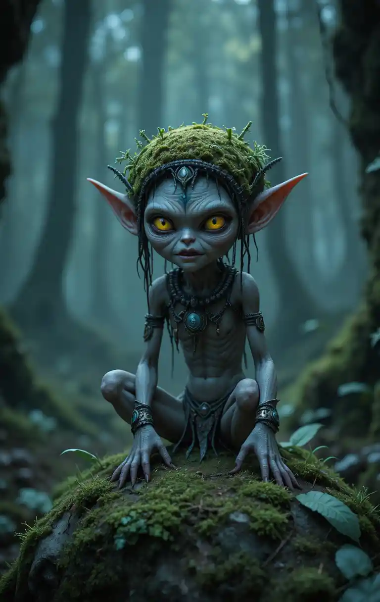 Creepy elf with glowing eyes resting on a mossy forest rock