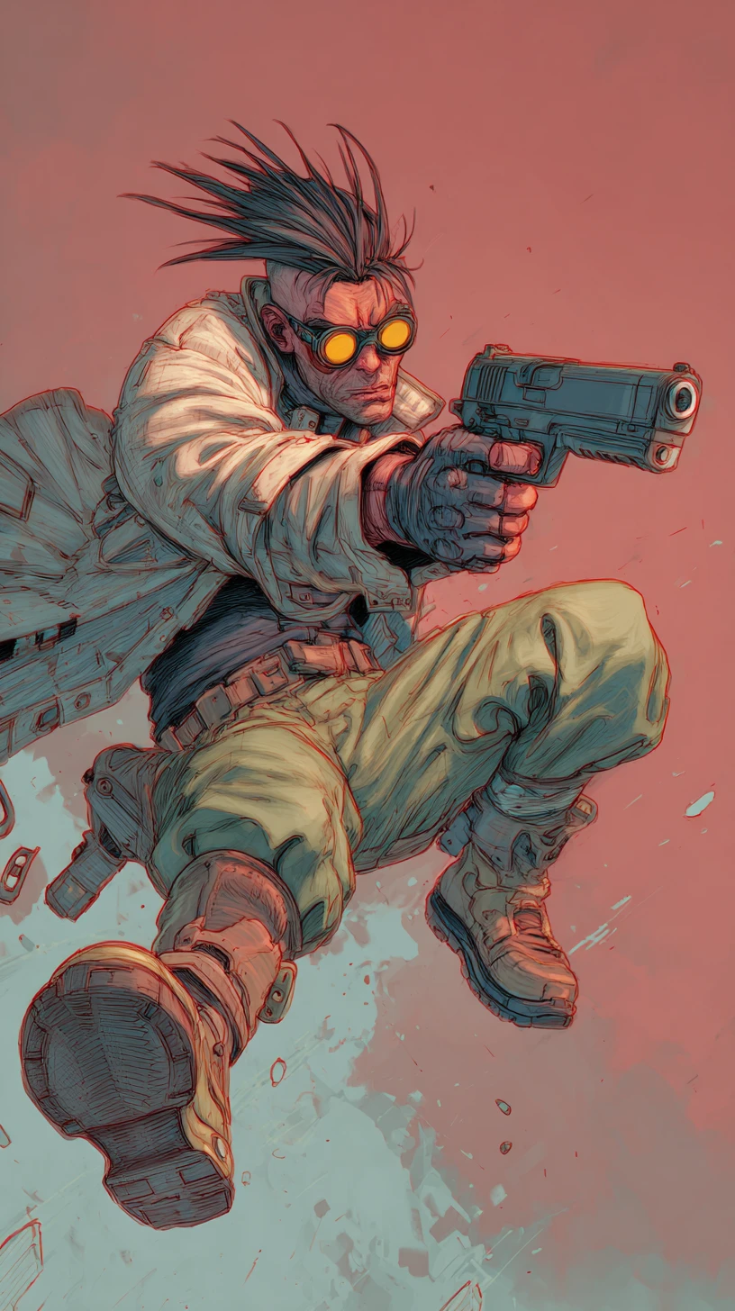 Cyberpunk cyborg aiming a handgun in dynamic motion