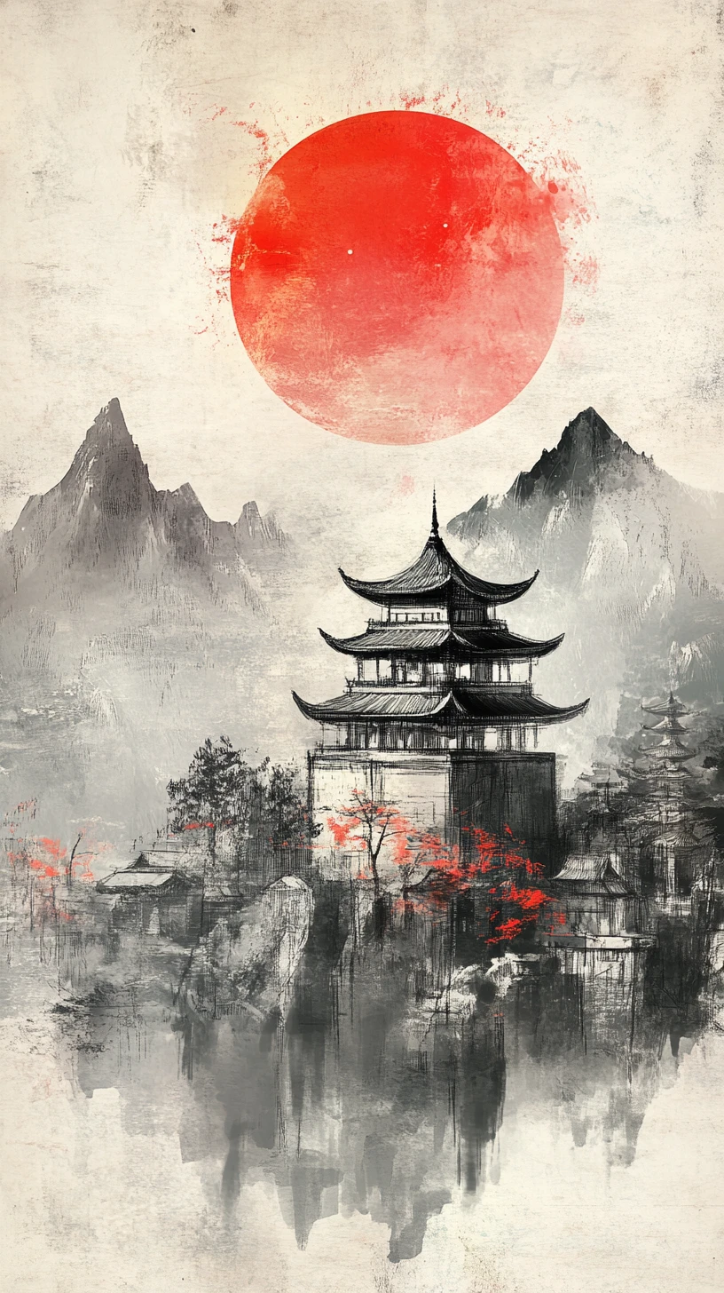 Miniature tea plantation with distant temple under red moon