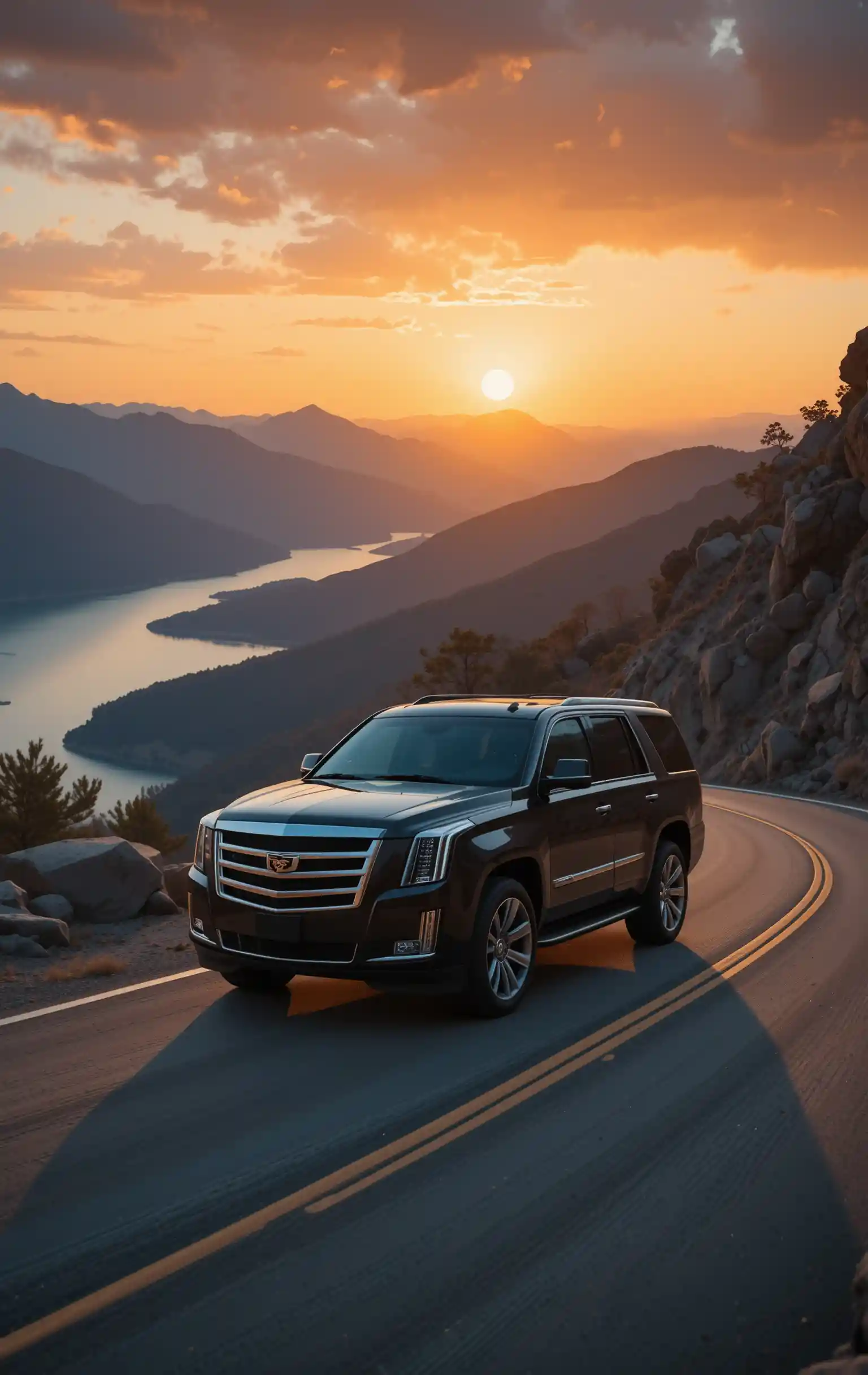 暖かな夕焼けの山道を走る高級SUV