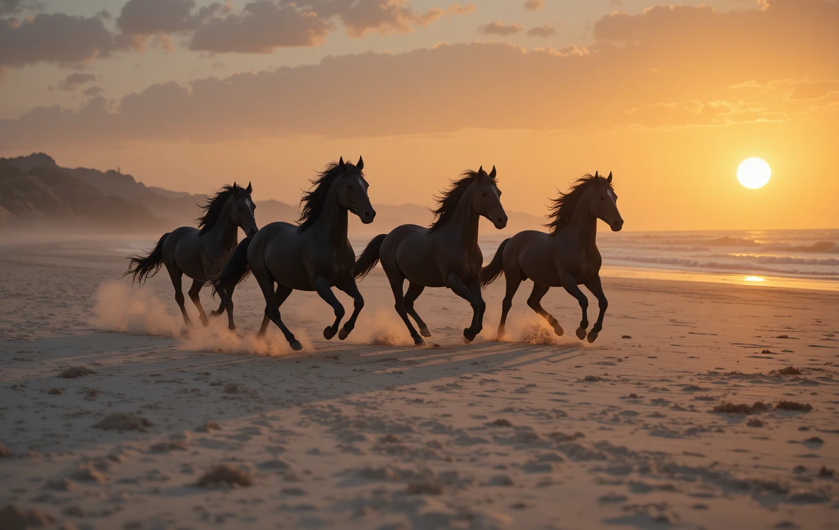 Black horses running along a wide sandy beach at sunset