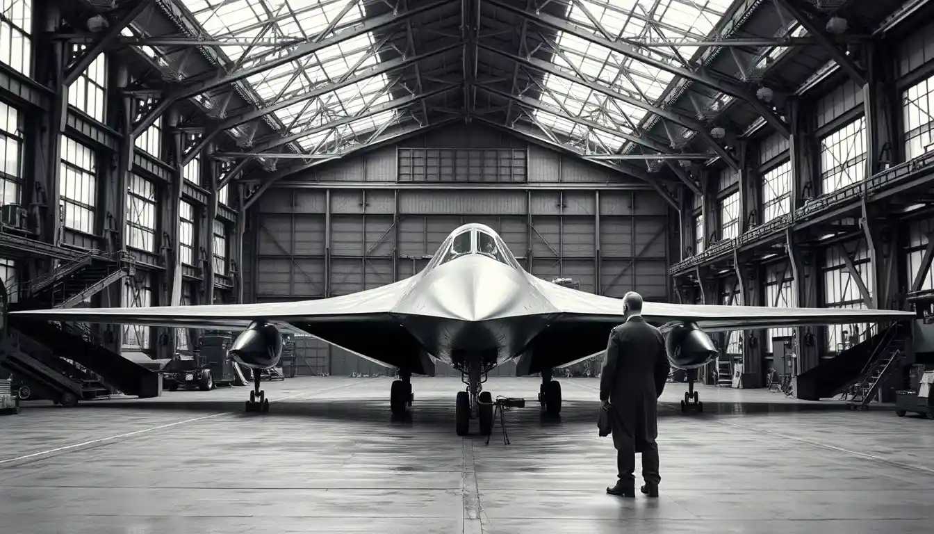 Close up of stealth bomber prototype in aircraft hangar