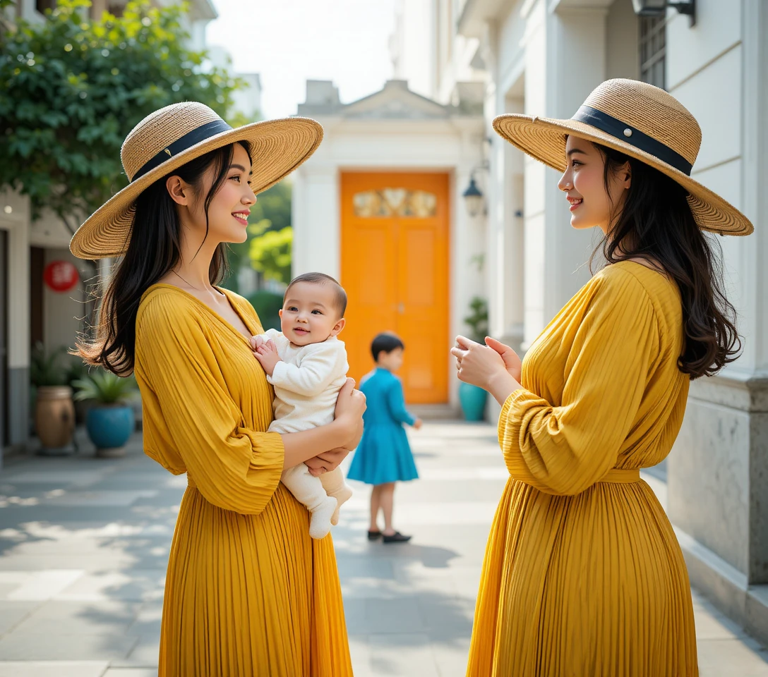 Two women with baby on sunny urban street sidewalk
