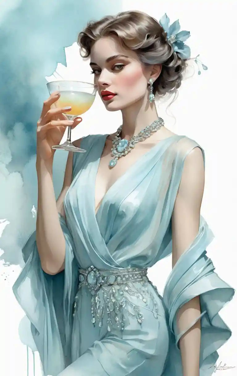 Chic woman in pastel blue sipping a cocktail illustration