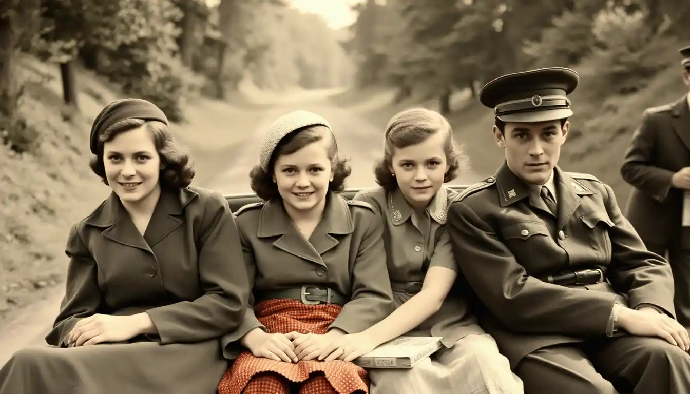 German families saying farewell at a 1930s train station