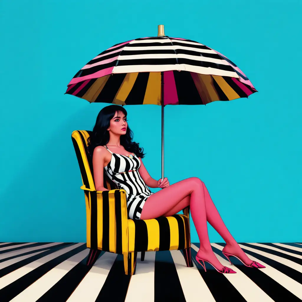 Op art woman reclining in striped geometric patterns