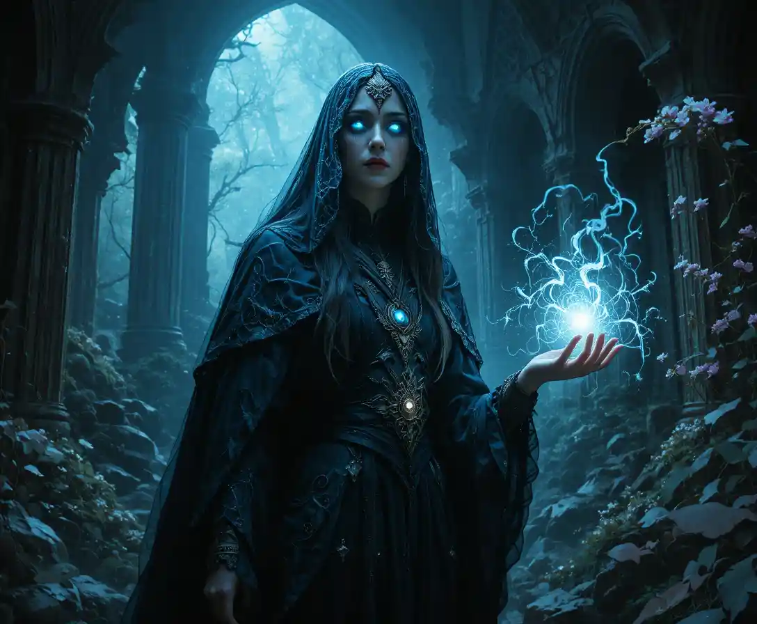 Mystical witch conjuring arcane energy in ancient ruins