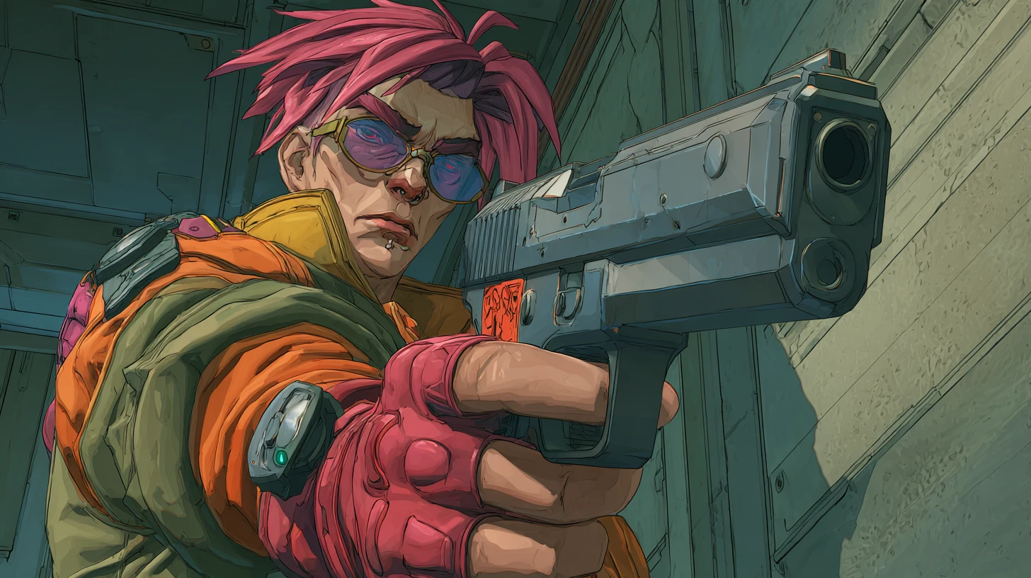 Cyberpunk cyborg aiming a handgun in dynamic motion