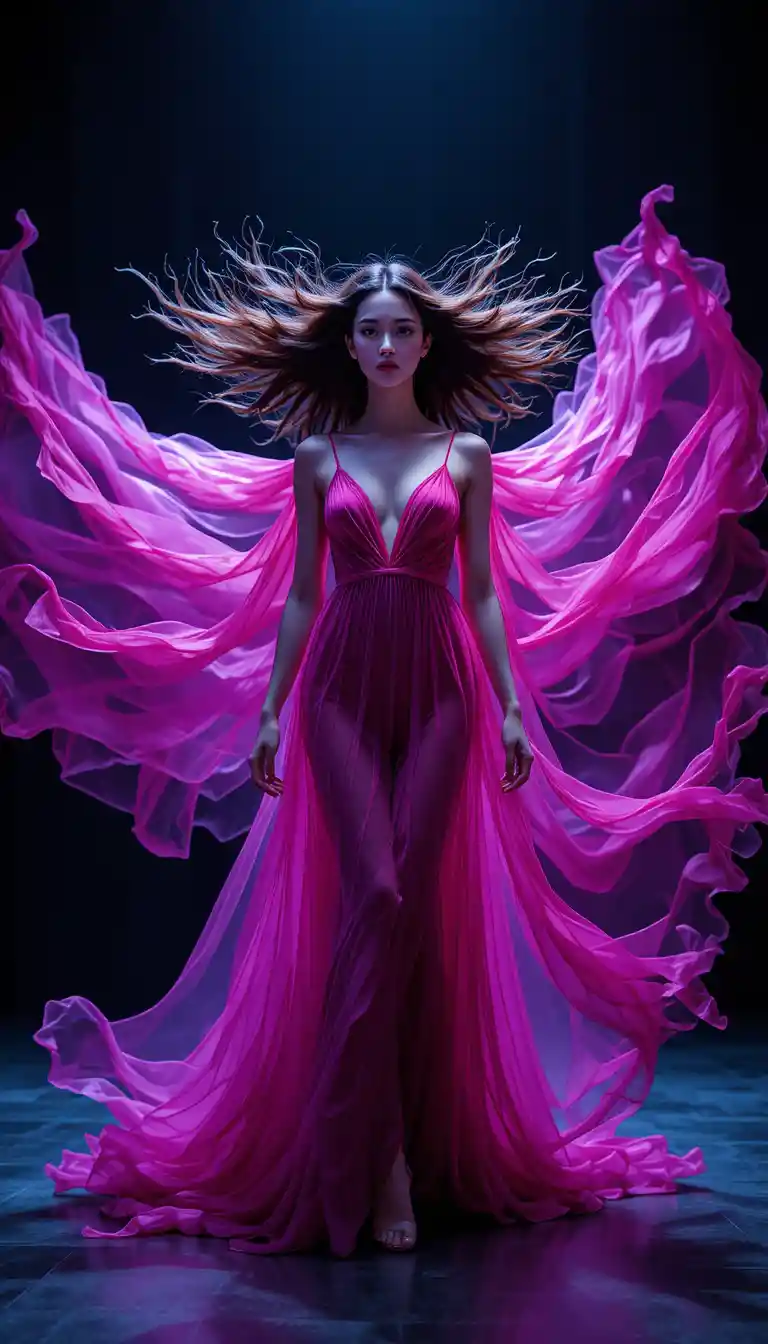 Donna glamour nel tunnel del vento con abito di chiffon svolazzante