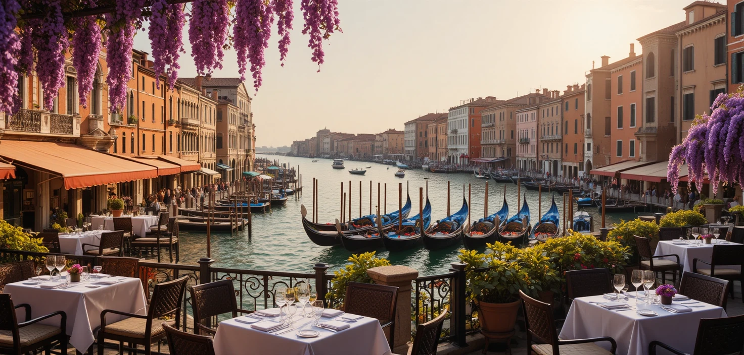 Romantic restaurant terrace overlooking the Grand Canal in Venice