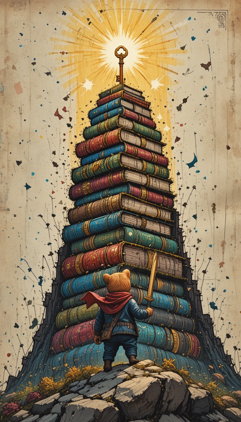 Brave bear cub climbing a towering crayon book mountain
