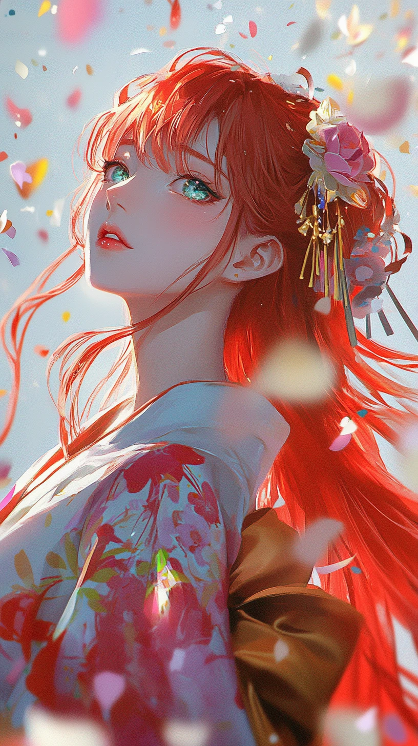 Red haired woman in floral kimono under falling confetti