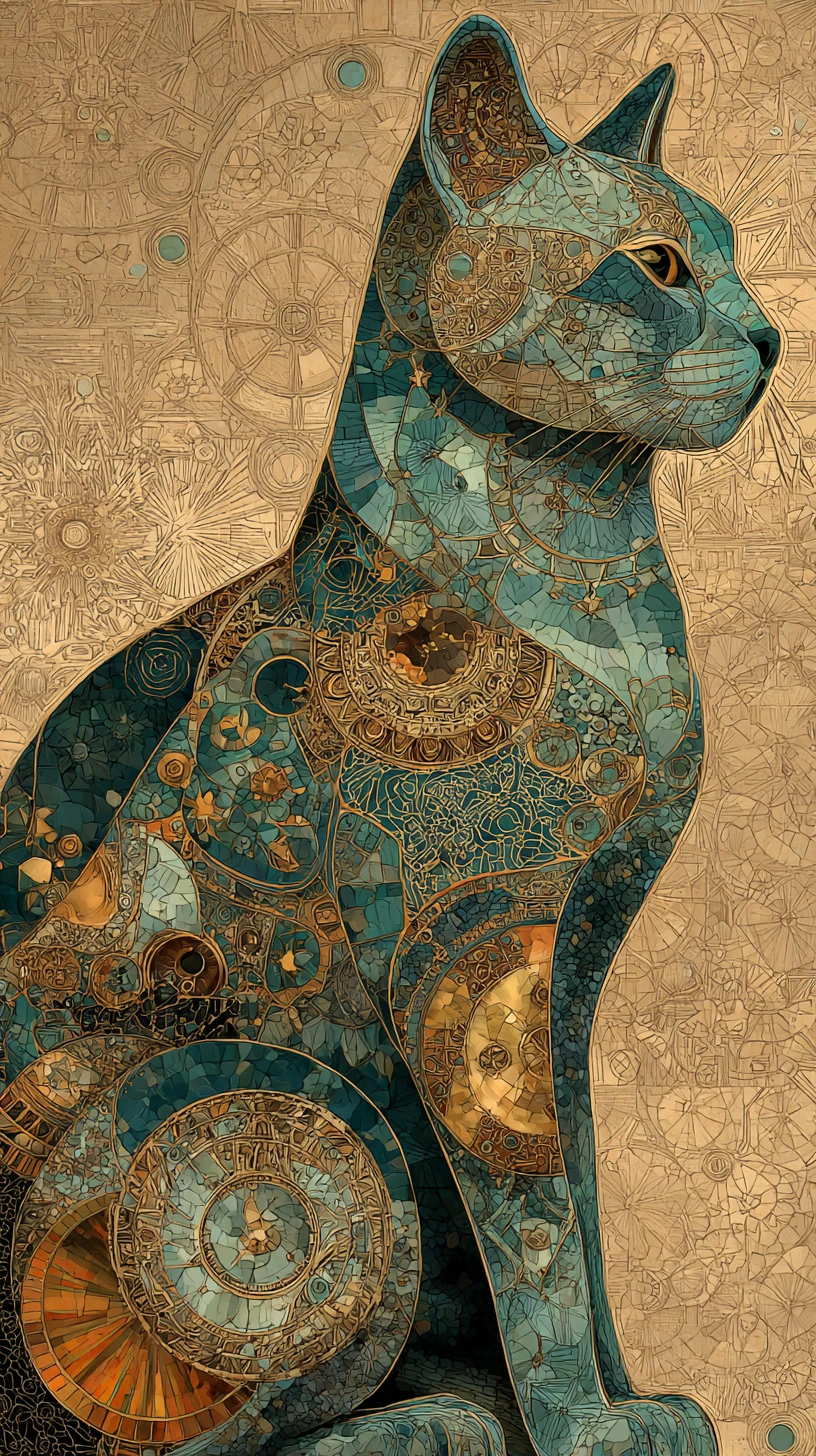 Full body mosaic cat with steampunk art nouveau details