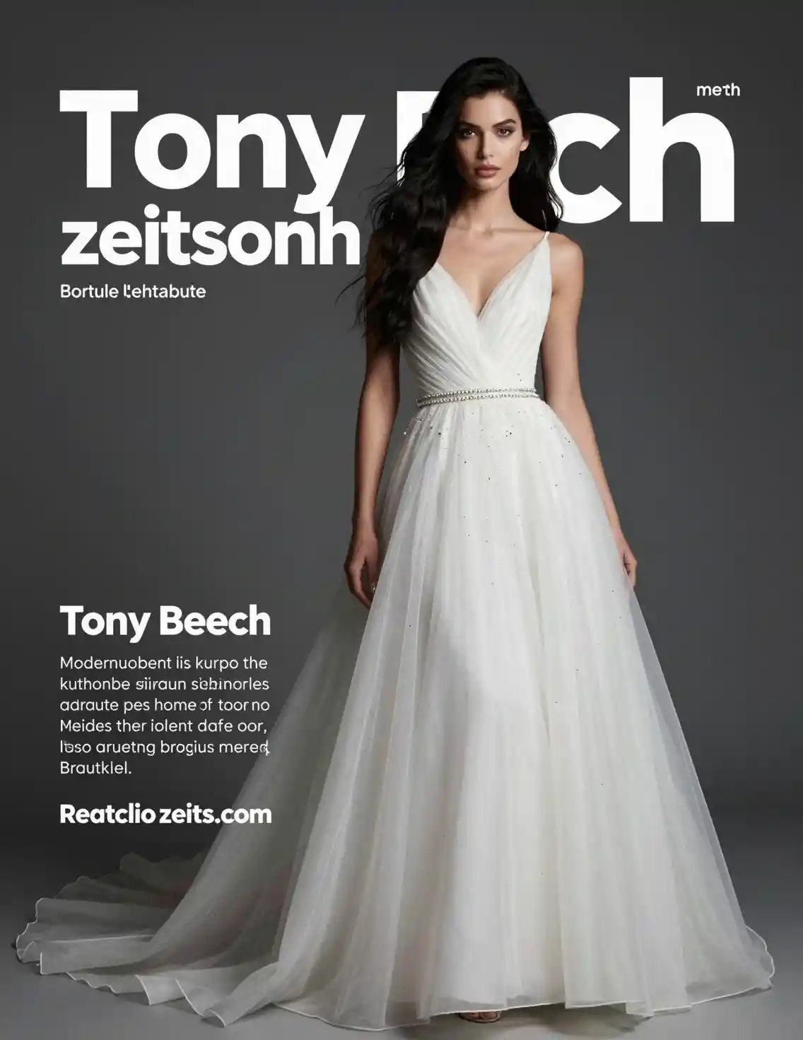 Portada de revista de moda con modelo en vestido corto de novia blanco