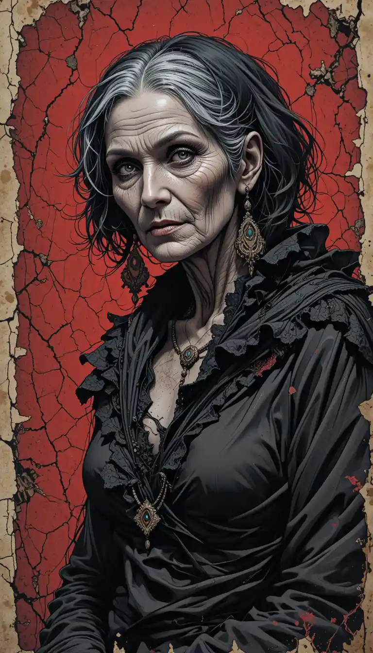 Haggard Old Woman In Tattered Black Shawl On Crimson Wall