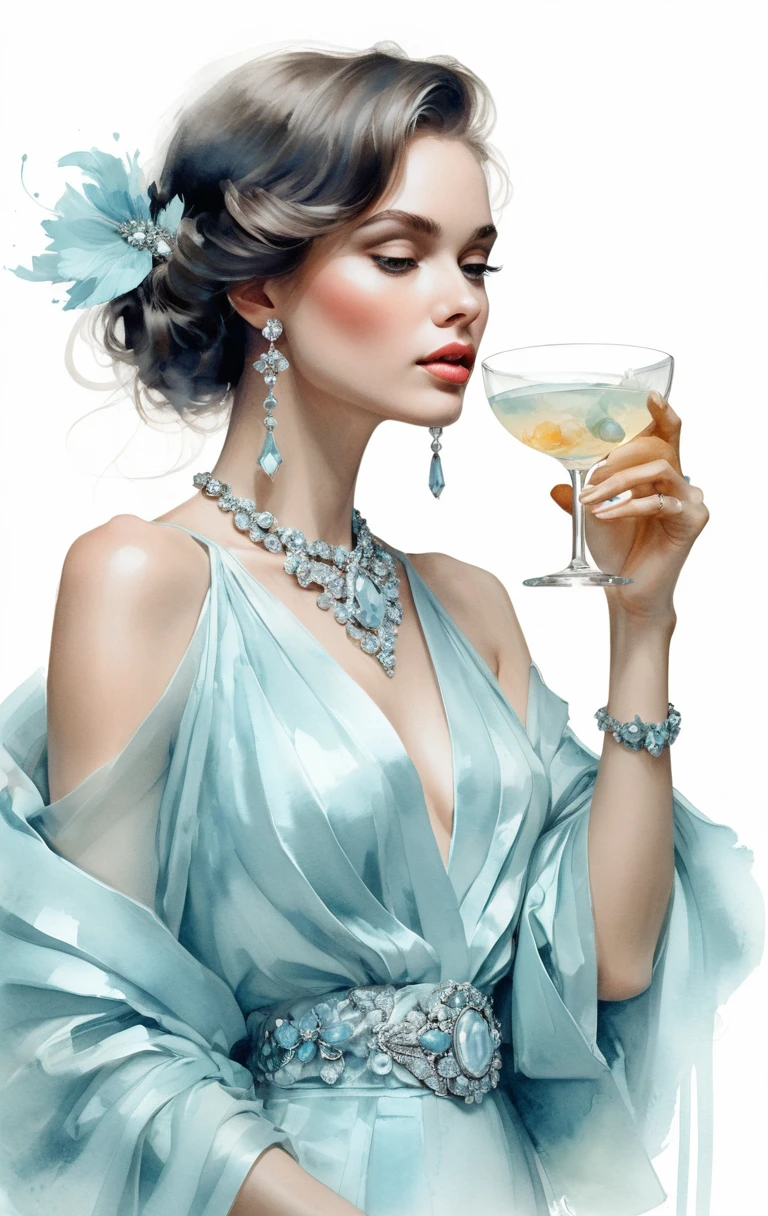 Chic woman in pastel blue sipping a cocktail illustration