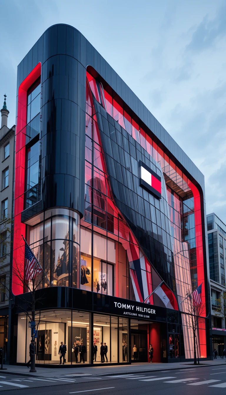 Futuristic flagship building with bold illuminated facade design