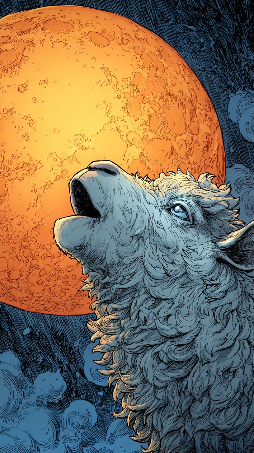 Oveja lanuda balando a la brillante luna llena