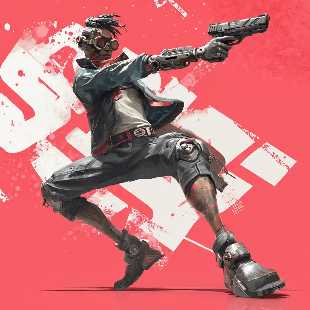 Cyberpunk cyborg aiming a handgun in dynamic motion
