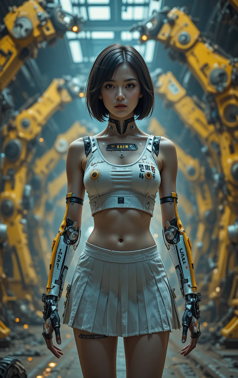 Cyborg woman in torn crop top inside dark industrial factory
