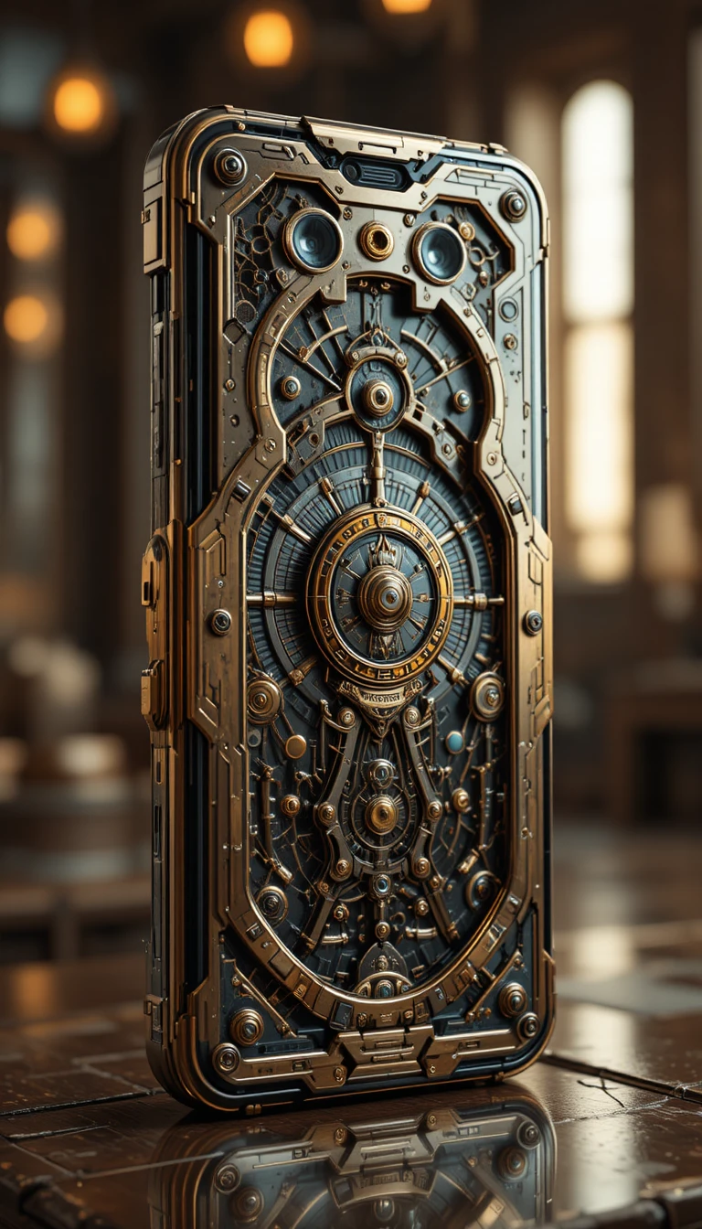 Futuristic steampunk smartphone with brass details and depth