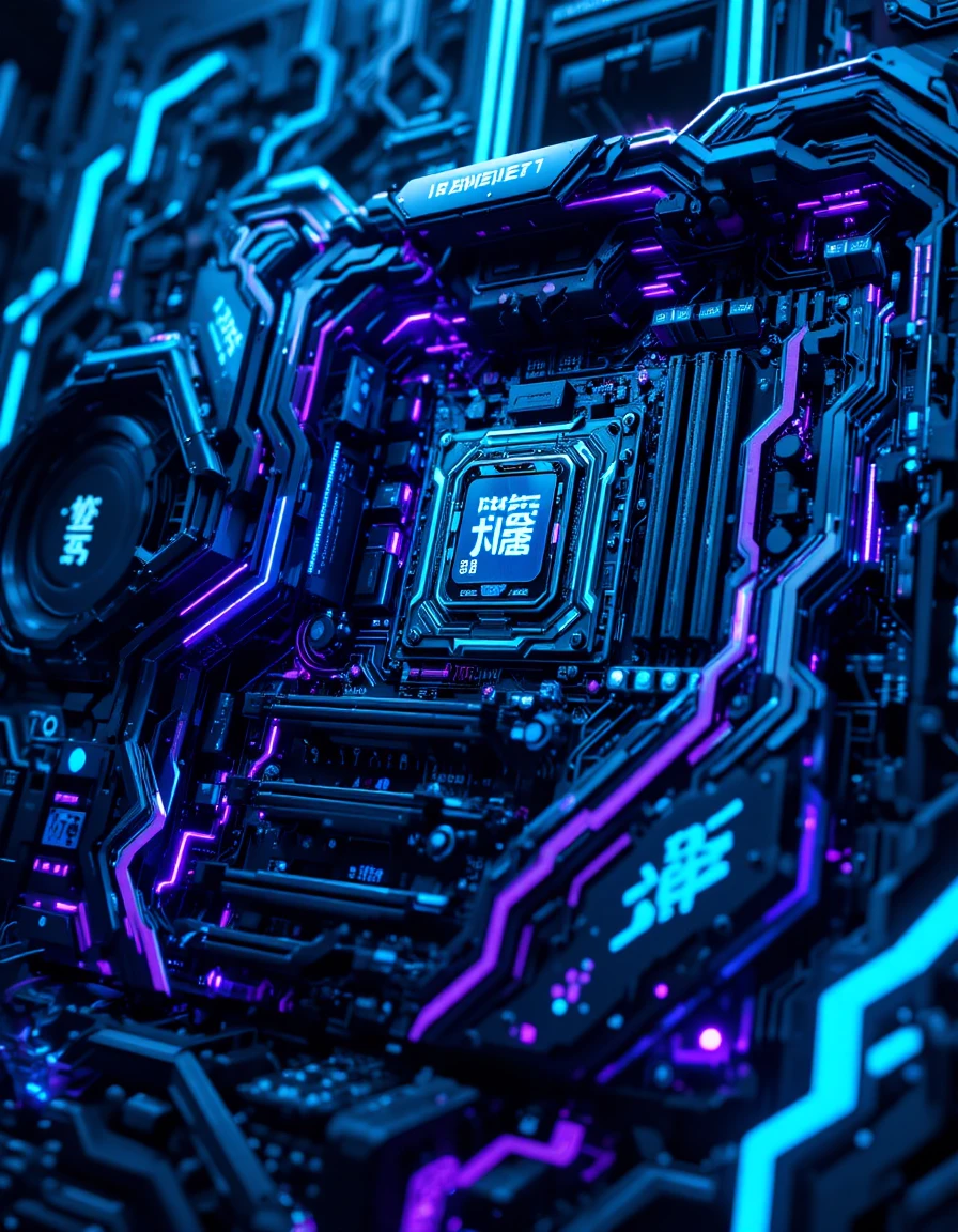 Futuristic motherboard close up with neon circuits and kanji glow