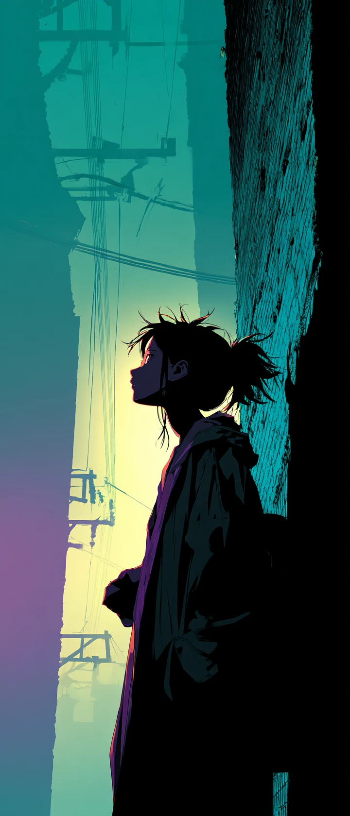 Anime girl arguing with her glowing shadow at night