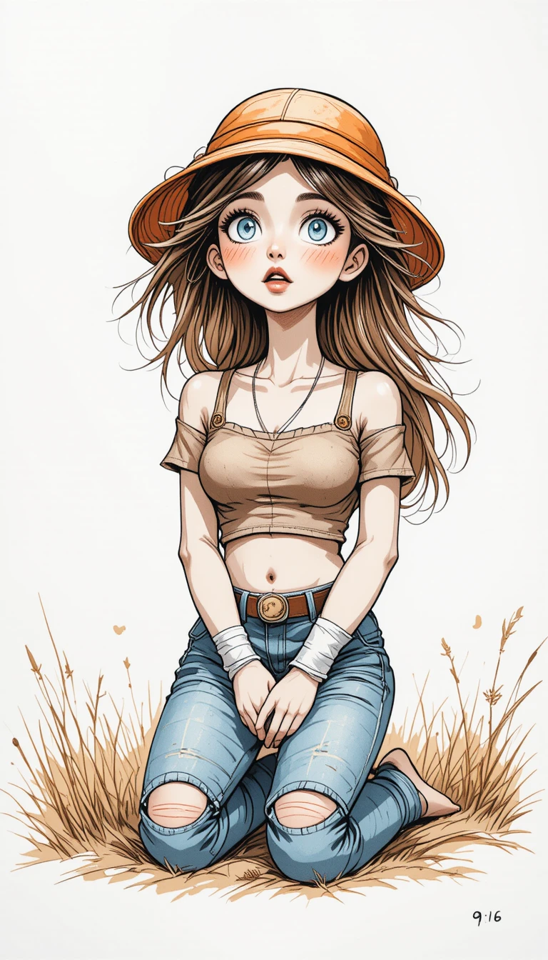 Kneeling girl in dry grass wearing a rust bucket hat