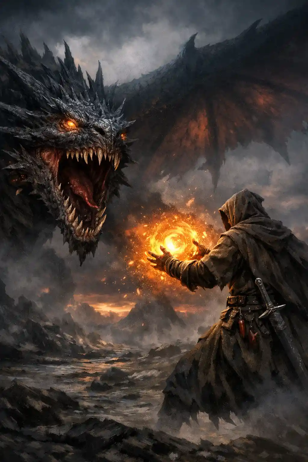 Mage confronting a roaring dragon in a dark rocky landscape