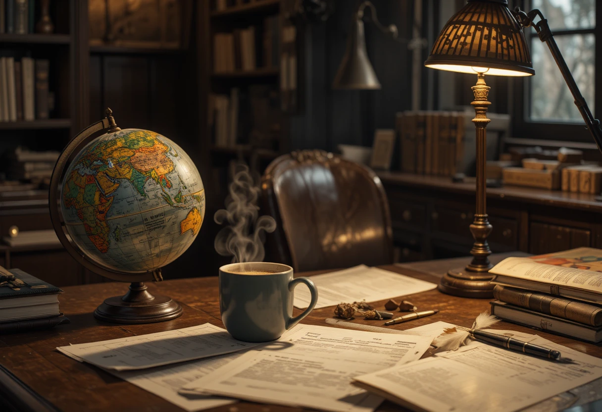 Cozy Vintage Office Desk With Globe And Steaming Coffee Mug
