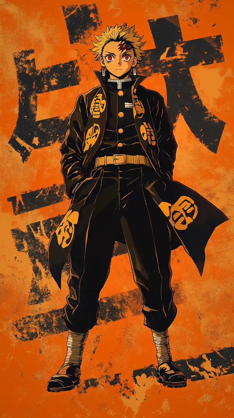 Anime man in dark coat before bold orange kanji background