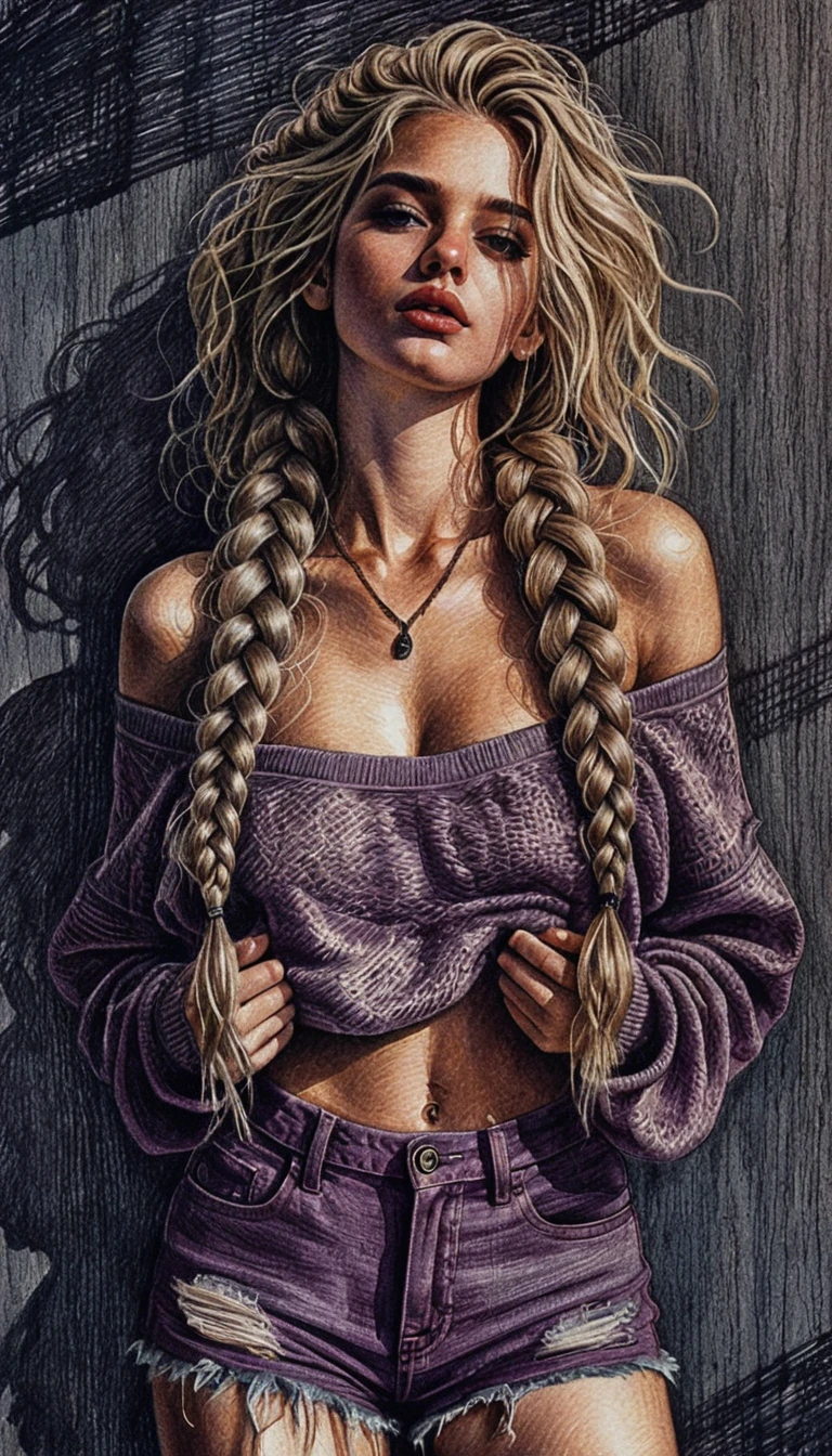 Retrato sombrio de mulher loira com tranças usando suéter e shorts