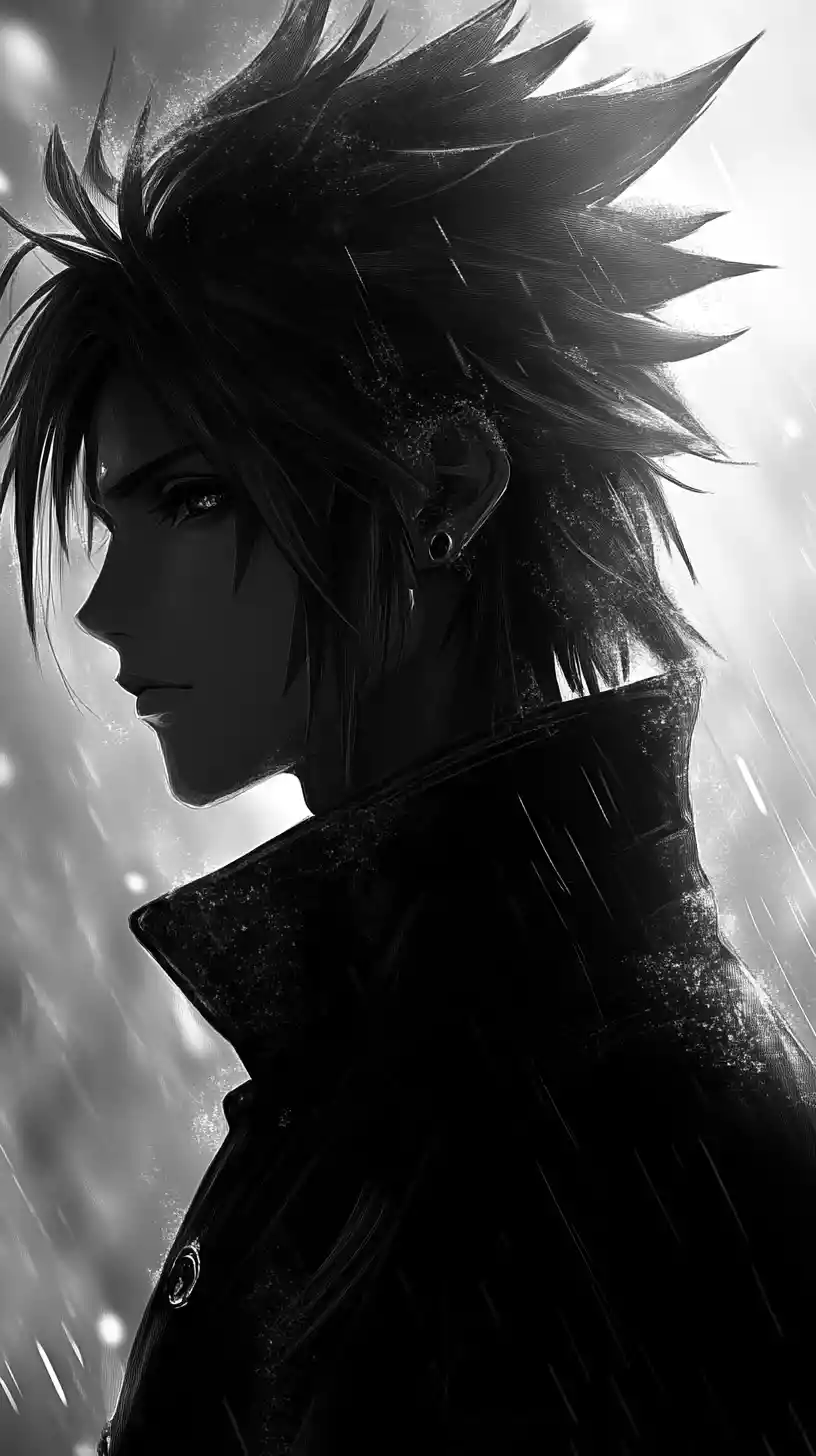 Melancholischer Anime-Mann im Schnee mit dramatischem Gegenlicht